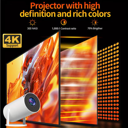 58™【HY300 Pro Mini ポータブルプロジェクター】ネイティブ1280*720P、4K/260ANSIルーメン対応 スマートプロジェクター WiFi 6 BT 5.0搭載、スクリーン調整、180度回転、家庭用ビデオプロジェクター Android 11.0 OS内蔵